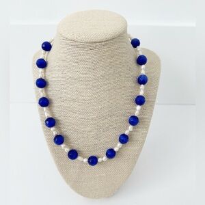 NWT Genuine Lampwork Glass & Pearls Necklace Beaded Blue White